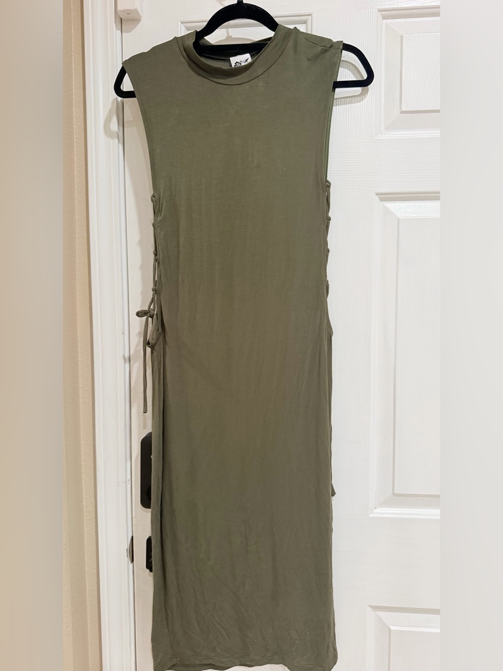 New Sleeveless Olive Green Side-Tie Maxi Dress